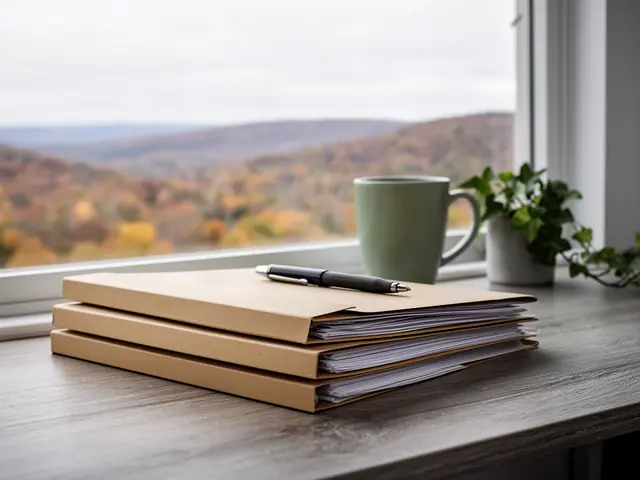 A neat stack of closed manila folders and a pen on a desk by a window.
