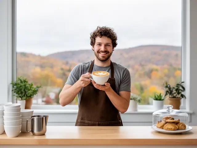 A café owner holding a latte with heart art.