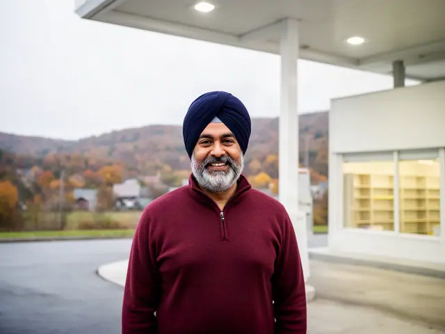 A gas station owner under a white canopy.