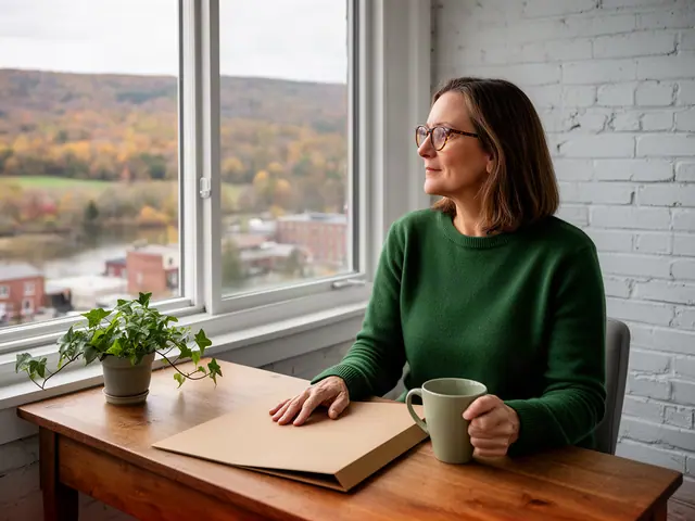 A woman with shoulder-length brown hair and tortoiseshell glasses at a desk with a folder and a mug in a small back office.