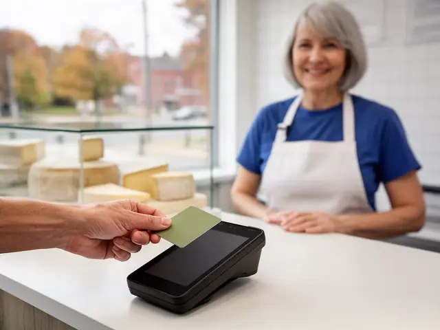 A customer taps a card on a counter terminal at a small cheese shop.
