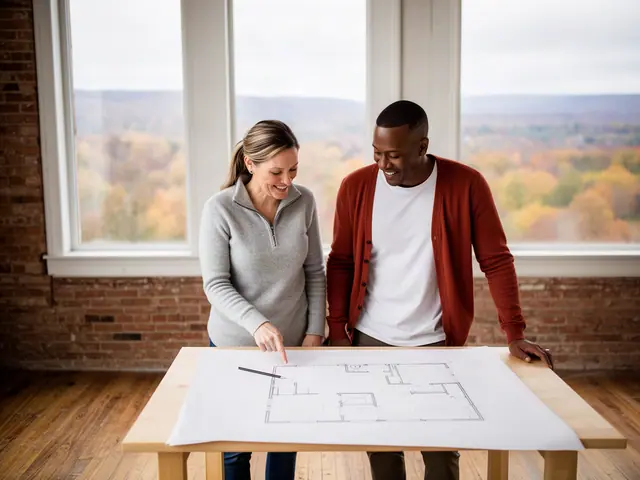Two business partners looking over a pencil floor sketch in an empty storefront.