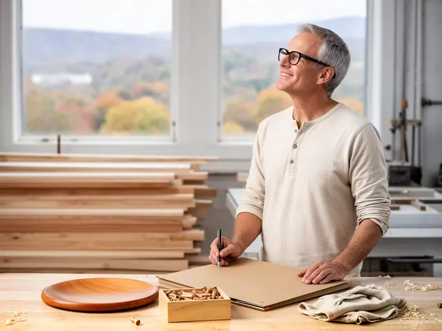 A man with short gray hair and black-framed glasses at a work table with a closed folder in a small hardwood furniture workshop.